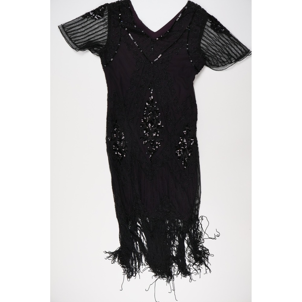 Kayamiya Flapper Dress Great Gatsby 1920s Sequin Fringe Black Purple Medium